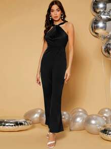 SHEIN Mono unicolor de cuello halter de satén - Negro - Ver 5