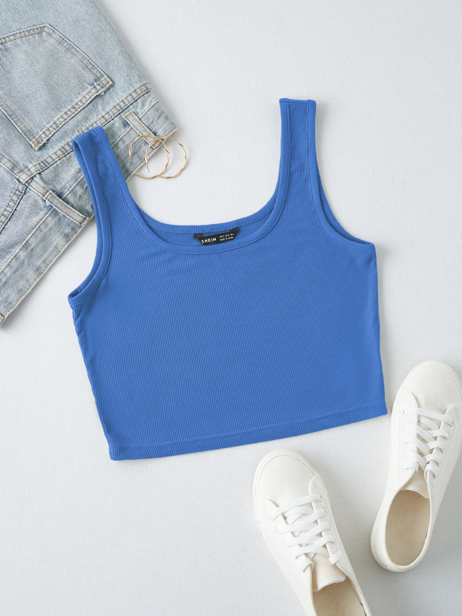 SHEIN Unity Gân đan áo tăng cắt xén - Màu xanh lam - Xem 1