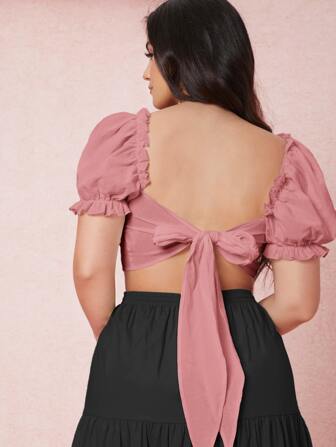 Plus Tie Backless Puff Sleeve Top
