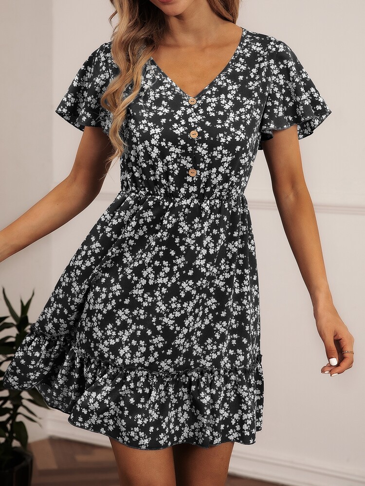 SHEIN VCAY Ditsy Floral Print V-neck Ruffle Hem Dress - Black and White - View 1