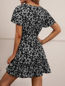 SHEIN VCAY Ditsy Floral Print V-neck Ruffle Hem Dress - Black and White - View 2