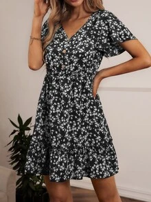SHEIN VCAY Ditsy Floral Print V-neck Ruffle Hem Dress - Black and White - View 3