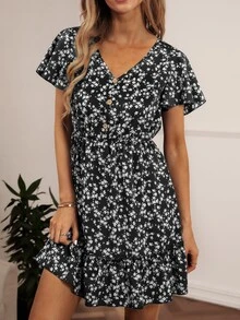 SHEIN VCAY Ditsy Floral Print V-neck Ruffle Hem Dress - Black and White - View 5