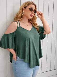 SHEIN LUNE Plus Cold Shoulder Crisscross Ruffle Trim Asymmetrical Hem Tee - Green - View 1