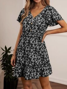 SHEIN VCAY Ditsy Floral Print V-neck Ruffle Hem Dress - Black and White - View 6