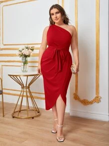 Modelyn Burgundy Red Plus One Shoulder Belted Wrap Dress - Burgundy - View 1