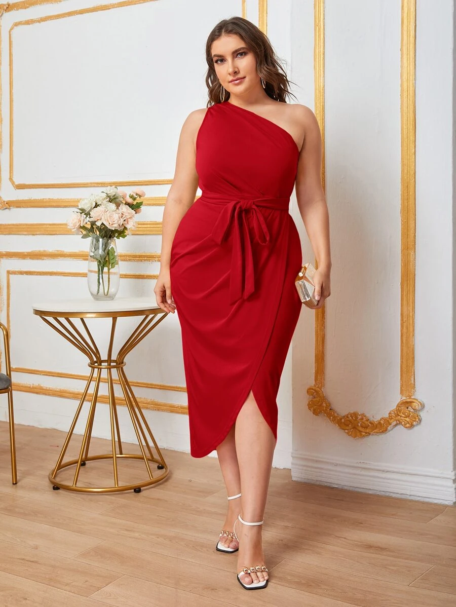 Modelyn Burgundy Red Plus One Shoulder Belted Wrap Dress - Burgundy - View 1