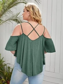 SHEIN LUNE Plus Cold Shoulder Crisscross Ruffle Trim Asymmetrical Hem Tee - Green - View 2