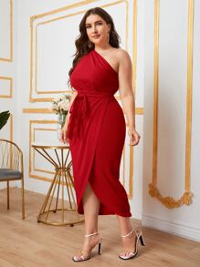 Modelyn Burgundy Red Plus One Shoulder Belted Wrap Dress - Burgundy - View 3
