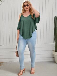 SHEIN LUNE Plus Cold Shoulder Crisscross Ruffle Trim Asymmetrical Hem Tee - Green - View 3