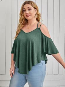 SHEIN LUNE Plus Cold Shoulder Crisscross Ruffle Trim Asymmetrical Hem Tee - Green - View 4