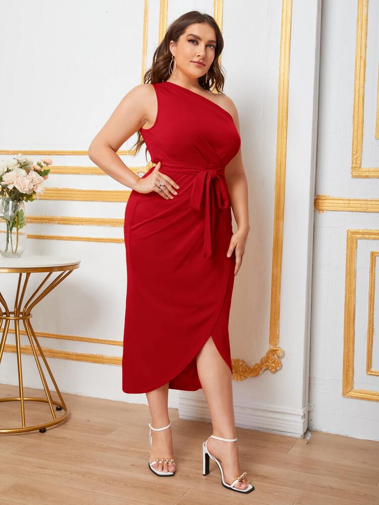 Modelyn Burgundy Red Plus One Shoulder Belted Wrap Dress - Burgundy - View 4