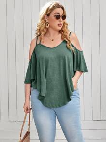 SHEIN LUNE Plus Cold Shoulder Crisscross Ruffle Trim Asymmetrical Hem Tee - Green - View 5