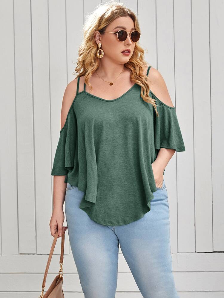 SHEIN LUNE Plus Cold Shoulder Crisscross Ruffle Trim Asymmetrical Hem Tee - Green - View 5
