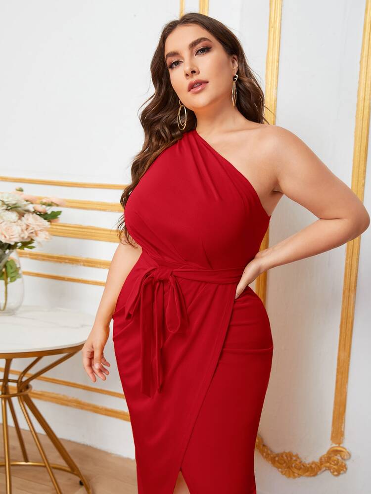 Modelyn Burgundy Red Plus One Shoulder Belted Wrap Dress - Burgundy - View 5