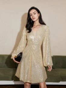 Lantern Sleeve Ruched Detail Sequins Dress - Gold - View 1