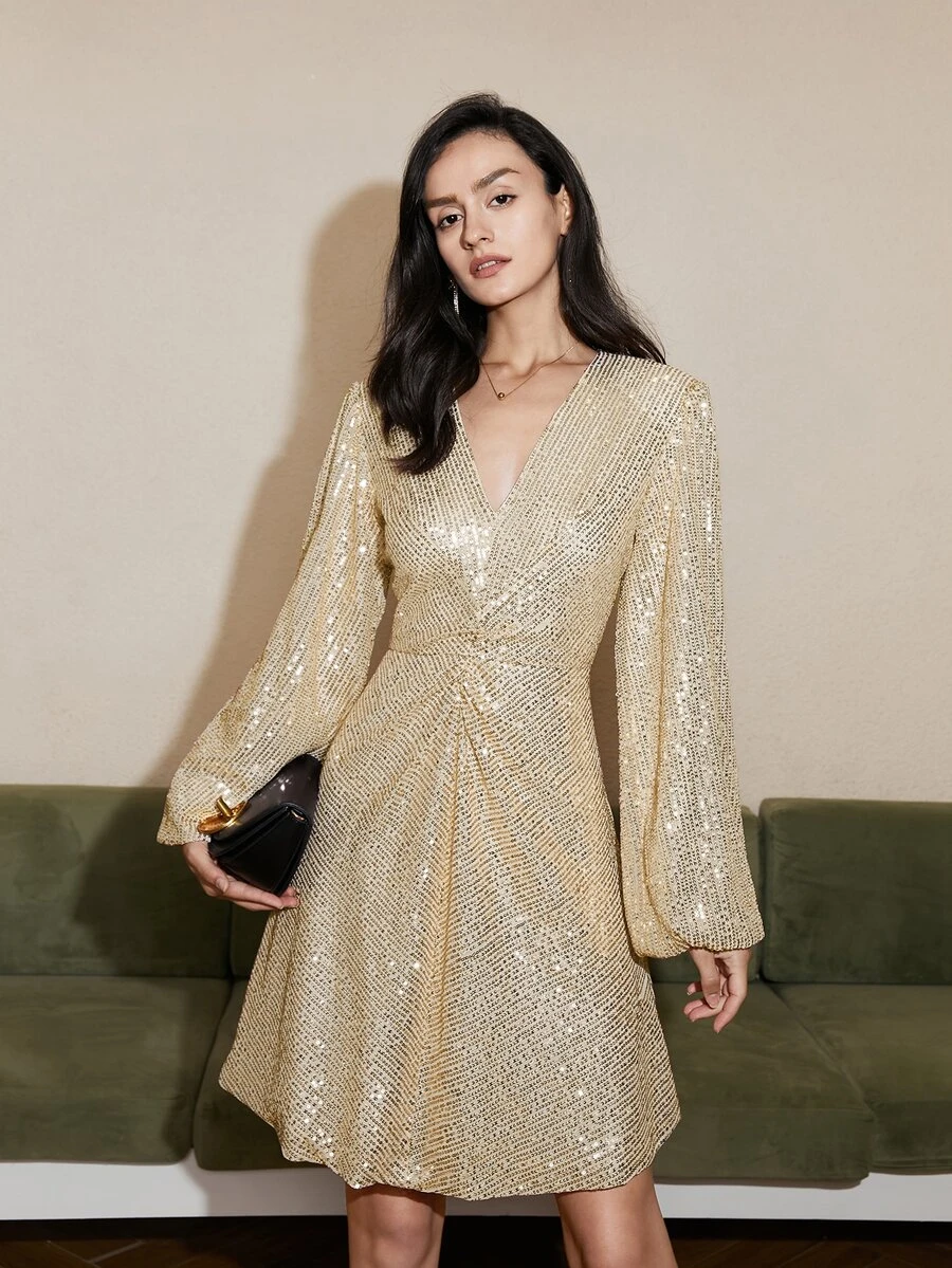 Lantern Sleeve Ruched Detail Sequins Dress - Gold - View 1