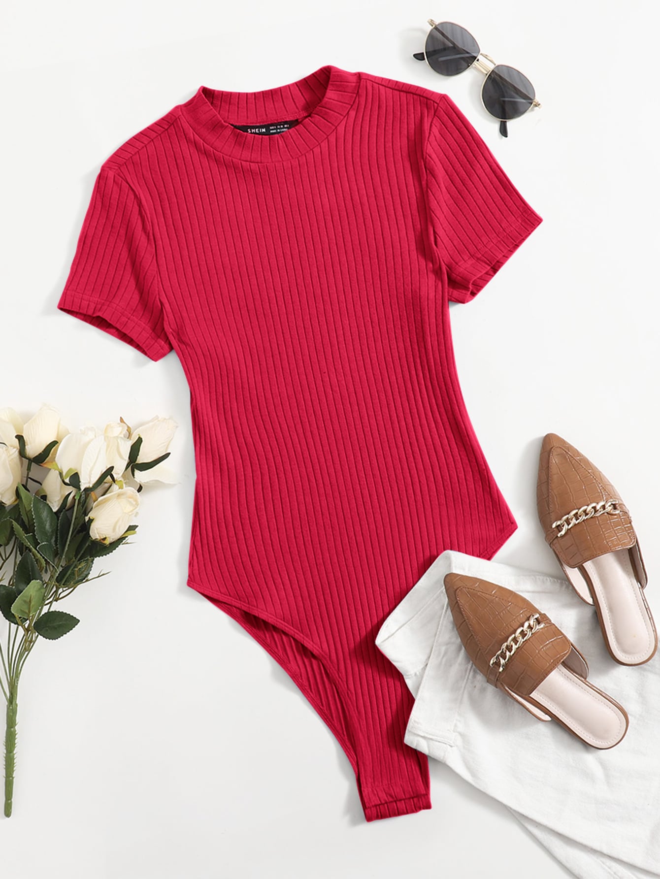 SHEIN EZwear Plus Ribknit Solid Bodysuit SHEIN USA