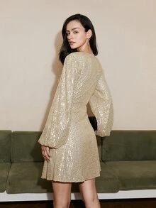 Lantern Sleeve Ruched Detail Sequins Dress - Gold - View 2