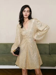 Lantern Sleeve Ruched Detail Sequins Dress - Gold - View 4