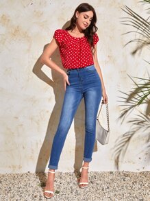 SHEIN Clasi Top manga tulipán con fruncido delantero de lunares - Rojo y blanco - Ver 3