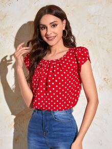 SHEIN Clasi Top manga tulipán con fruncido delantero de lunares - Rojo y blanco - Ver 4