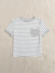 SHEIN EZwear Summer Loose And Casual Contrasting Colors Patch Pocket Black And White Striped Ringer Short Sleeves Tee - White - View 4
