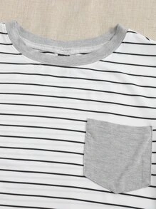SHEIN EZwear Summer Loose And Casual Contrasting Colors Patch Pocket Black And White Striped Ringer Short Sleeves Tee - White - View 5