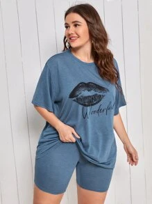 SHEIN Plus Mouth Print Tee & Cycling Shorts PJ Set - Dusty Blue - View 1