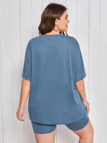 SHEIN Plus Mouth Print Tee & Cycling Shorts PJ Set - Dusty Blue - View 2