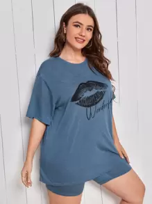 SHEIN Plus Mouth Print Tee & Cycling Shorts PJ Set - Dusty Blue - View 3