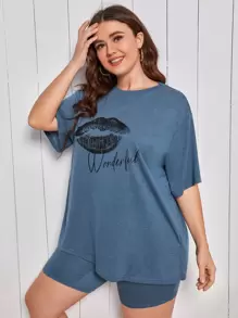 SHEIN Plus Mouth Print Tee & Cycling Shorts PJ Set - Dusty Blue - View 4