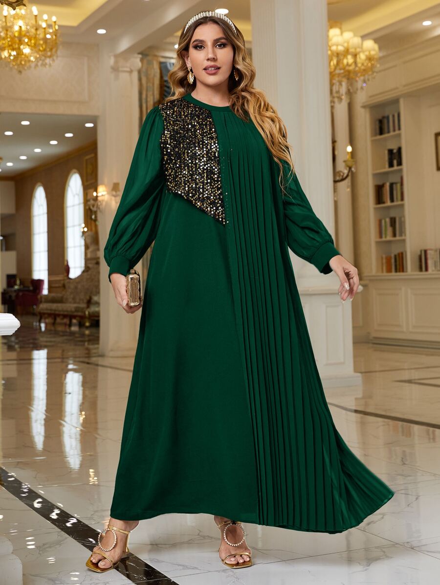 Modelyn Plus Contrast Sequins Plicated Lantern Sleeve Dress - Dark Green - View 1