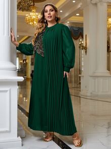 Modelyn Plus Contrast Sequins Plicated Lantern Sleeve Dress - Dark Green - View 3