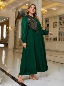 Modelyn Plus Contrast Sequins Plicated Lantern Sleeve Dress - Dark Green - View 5