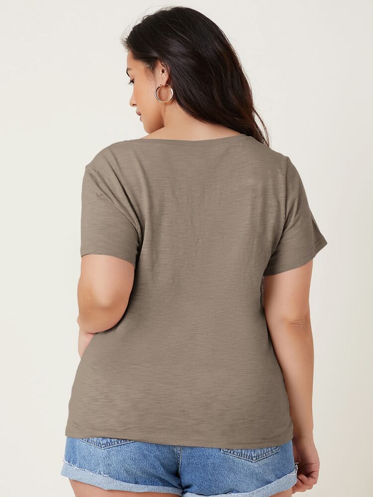 SHEIN BASICS Camiseta De Manga Corta Con Cuello En V Y Talla Grande Para Verano - Marrón Mocha - Añade 2