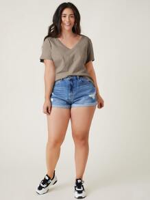 SHEIN BASICS Camiseta De Manga Corta Con Cuello En V Y Talla Grande Para Verano - Marrón Mocha - Ver 5