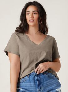 SHEIN BASICS Camiseta De Manga Corta Con Cuello En V Y Talla Grande Para Verano - Marrón Mocha - Ver 6