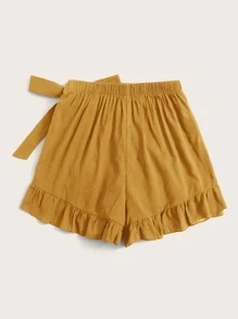 SHEIN VCAY 大碼側繫帶荷葉邊素色褲裙 - 芥末黃 - 查看 2