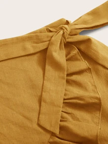 SHEIN VCAY 大碼側繫帶荷葉邊素色褲裙 - 芥末黃 - 查看 3