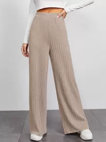 SHEIN EZwear Solid Wide Leg Trousers - Khaki - View 1