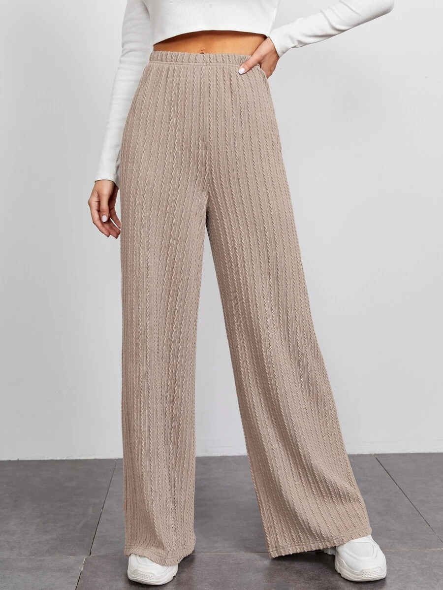SHEIN EZwear Solid Wide Leg Trousers - Khaki - View 1