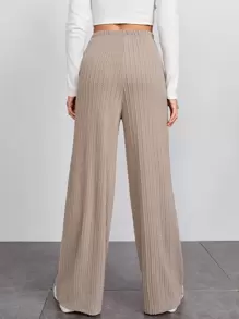 SHEIN EZwear Solid Wide Leg Trousers - Khaki - View 2