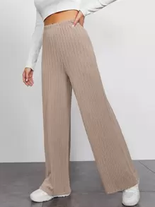 SHEIN EZwear Solid Wide Leg Trousers - Khaki - View 3