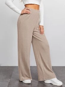 SHEIN EZwear Solid Wide Leg Trousers - Khaki - View 4