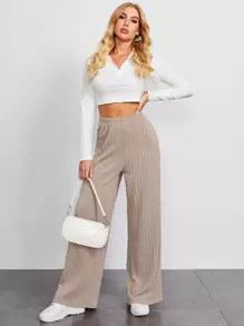 SHEIN EZwear Solid Wide Leg Trousers - Khaki - View 5