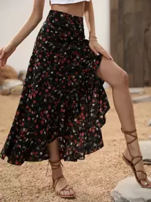 Breezaya 小碎花印花荷叶边不对称下摆半身裙，女式波西米亚风荷叶边，开叉大腿长款常规版型高腰黑色小碎花女式半身裙，春夏，休闲日常穿着超长度假海滩装 - 黑色 - 查看 6