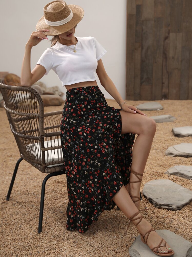 Breezaya 小碎花印花荷叶边不对称下摆半身裙，女式波西米亚风荷叶边，开叉大腿长款常规版型高腰黑色小碎花女式半身裙，春夏，休闲日常穿着超长度假海滩装 - 黑色 - 查看 7