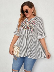 Mulvari Plus Striped Floral Embroidery Flounce Sleeve Notched Neck Peplum Blouse - White - View 1