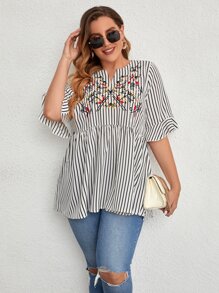 Mulvari Plus Striped Floral Embroidery Flounce Sleeve Notched Neck Peplum Blouse - White - View 3